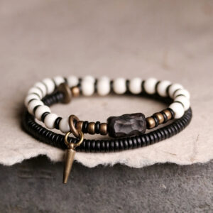 Tibetan Deer Bone and Ebony Beads Unisex Bracelet with Brass Accent