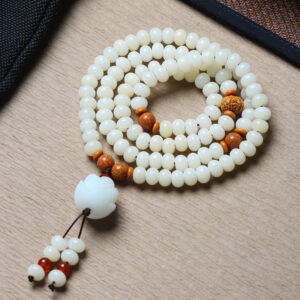 White Jade Bodhi 108 Mala Beads Bracelet with Hand-Carved Lotus Beads and Olive Pit Spacers