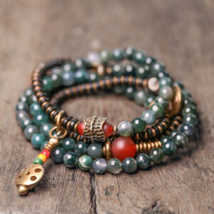 Vintage Multi-Layer Flower Red Jasper Bead Bracelet – Long Wrap with Brass Accents