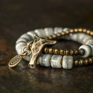 Men’s Bracelet with Natural Yak Bone Beads and Brass Bull Head Accent